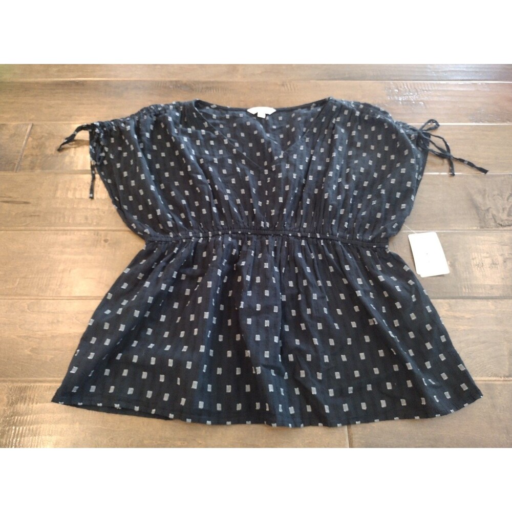 LUCKY BRAND Women's NWT Boho short-sleeve black clip geometric dot Top - L